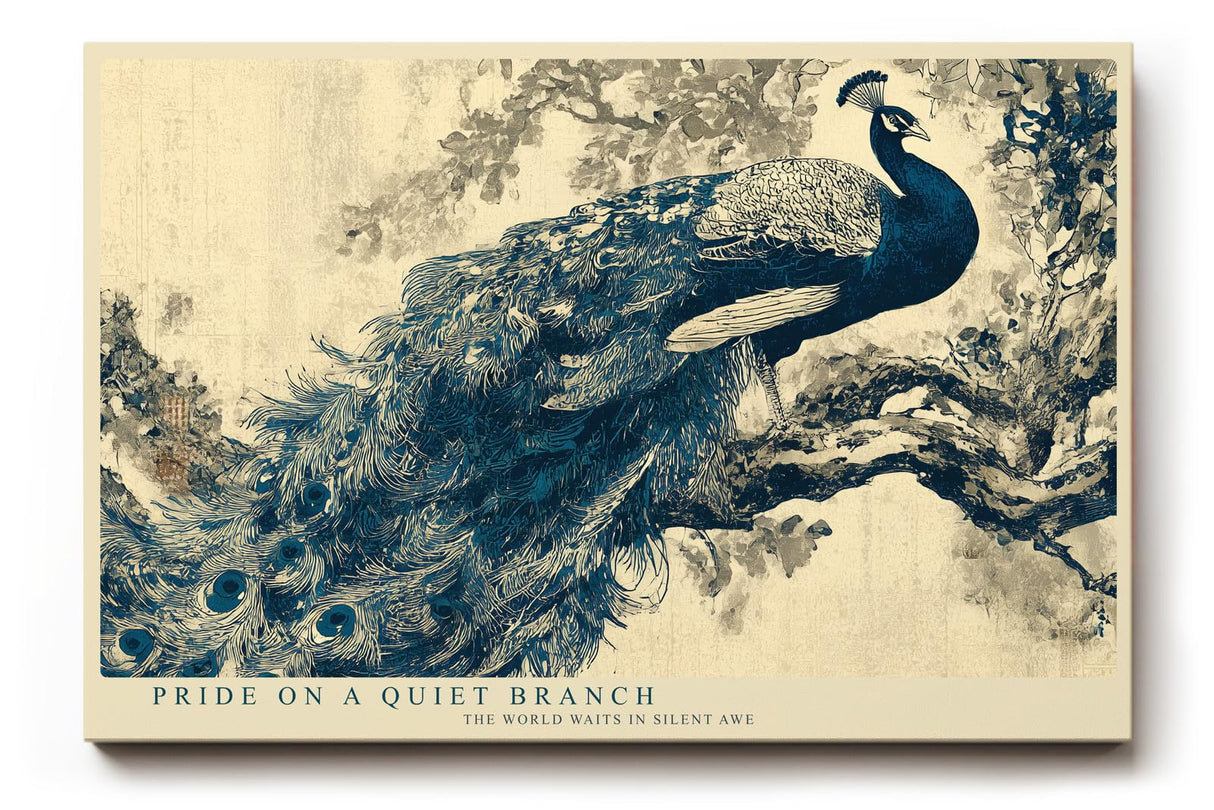 Paul Sinus Wandbild 120x80cm Pfau auf Ast Klassische Vogelkunst in Blau und Naturtoenen fuer Wohnzimmer Schlafzimmer und elegante Wohnräume