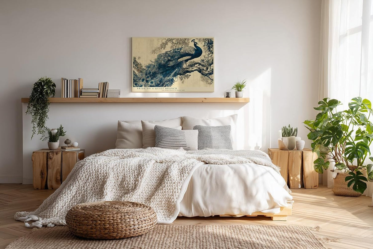 Paul Sinus Wandbild 120x80cm Pfau auf Ast Klassische Vogelkunst in Blau und Naturtoenen fuer Wohnzimmer Schlafzimmer und elegante Wohnräume