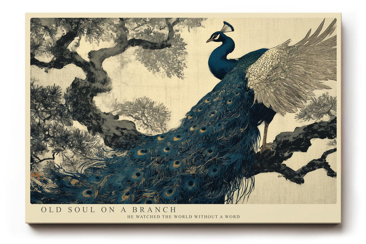 Paul Sinus Wandbild 120x80cm Pfau auf Baumzweig Elegante Vogelkunst in Blau Gold Asiatische Natur Wanddekoration