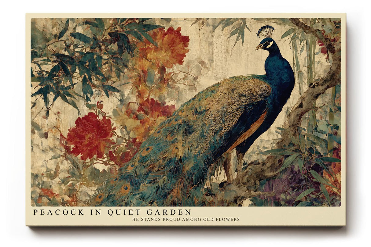 Paul Sinus Wandbild 120x80cm Pfau im ruhigen Garten – Elegantes Vogelmotiv mit Pfau und Blumen im Vintage Stil für stilvolle Wohnräume
