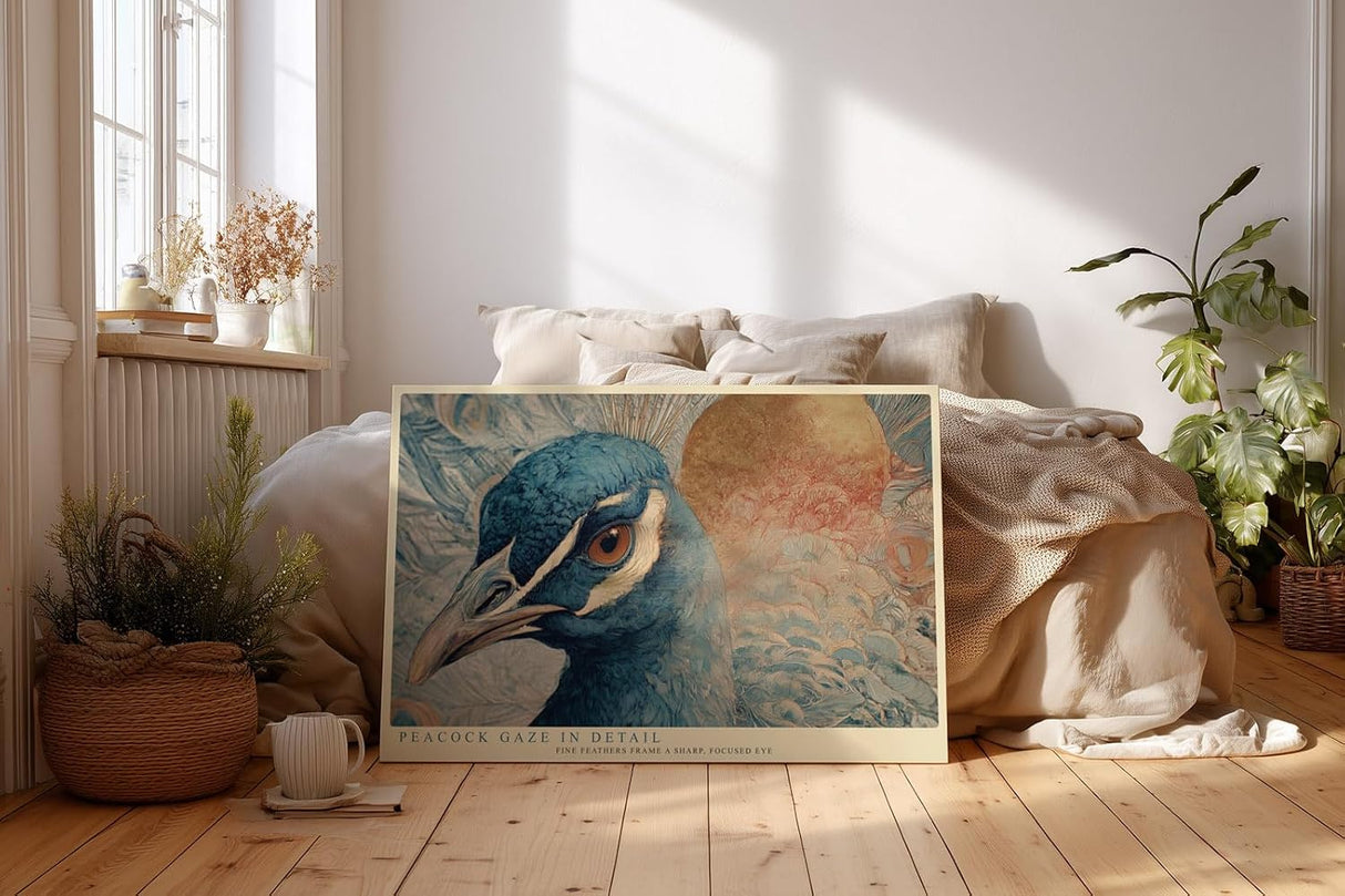 Paul Sinus Wandbild 120x80cm Pfau Portrait Tier Kunstmotiv Elegante Vogel Illustration mit detailreichen Federn und edler Farbgestaltung