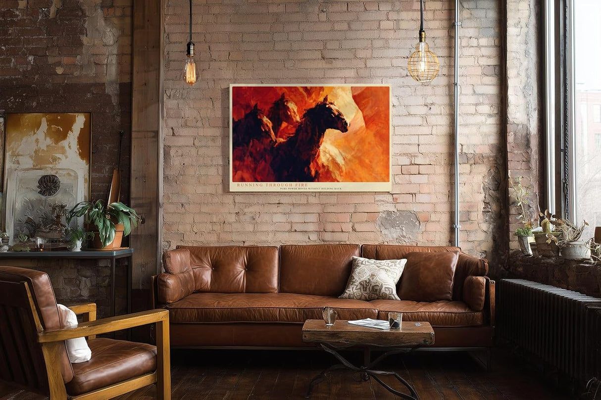 Paul Sinus Wandbild 120x80cm Pferde im Galopp abstrakte Tiermalerei feurige Rot Orange Farben dynamisches Pferde Kunstbild moderne Wanddekoration fuer Wohnzimmer Büro