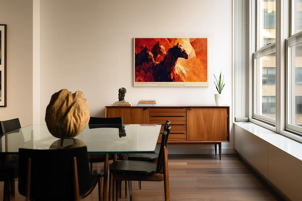 Paul Sinus Wandbild 120x80cm Pferde im Galopp abstrakte Tiermalerei feurige Rot Orange Farben dynamisches Pferde Kunstbild moderne Wanddekoration fuer Wohnzimmer Büro
