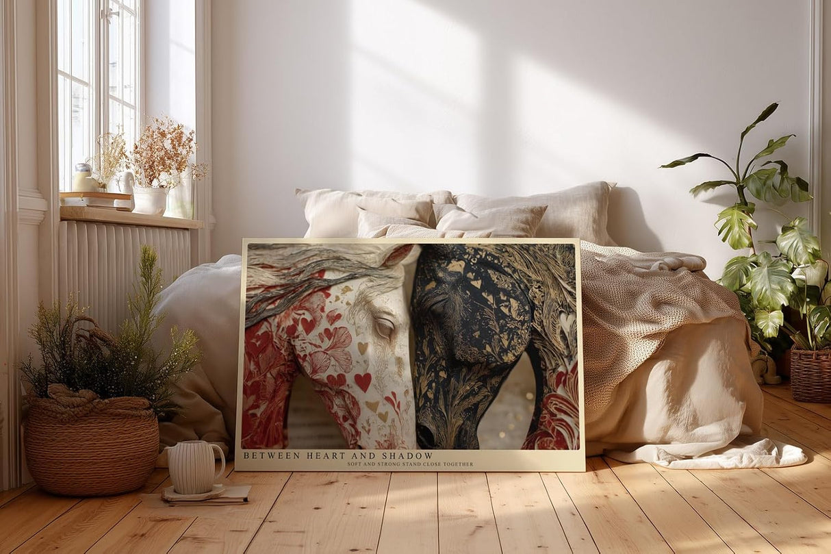 Paul Sinus Wandbild 120x80cm Pferde Kunst modern rot gold schwarz Tier Kunstdruck grosses Kunstbild elegante Wanddekoration fuer Wohnzimmer Büro Flur