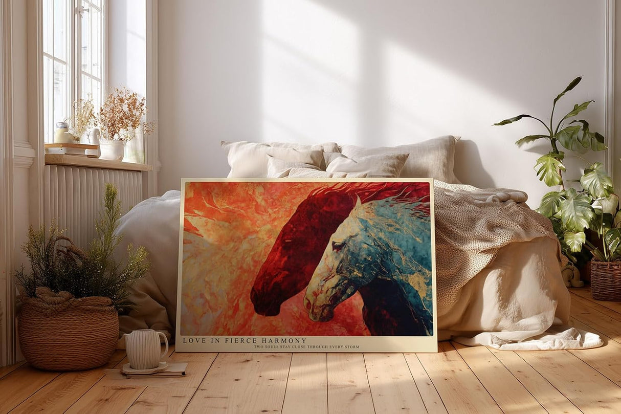 Paul Sinus Wandbild 120x80cm Pferde Paar abstrakte Tierkunst rot blau modernes Pferdemotiv Kunstdruck grosses Wandbild 120x80cm emotionale Wanddekoration fuer Wohnzimmer Büro