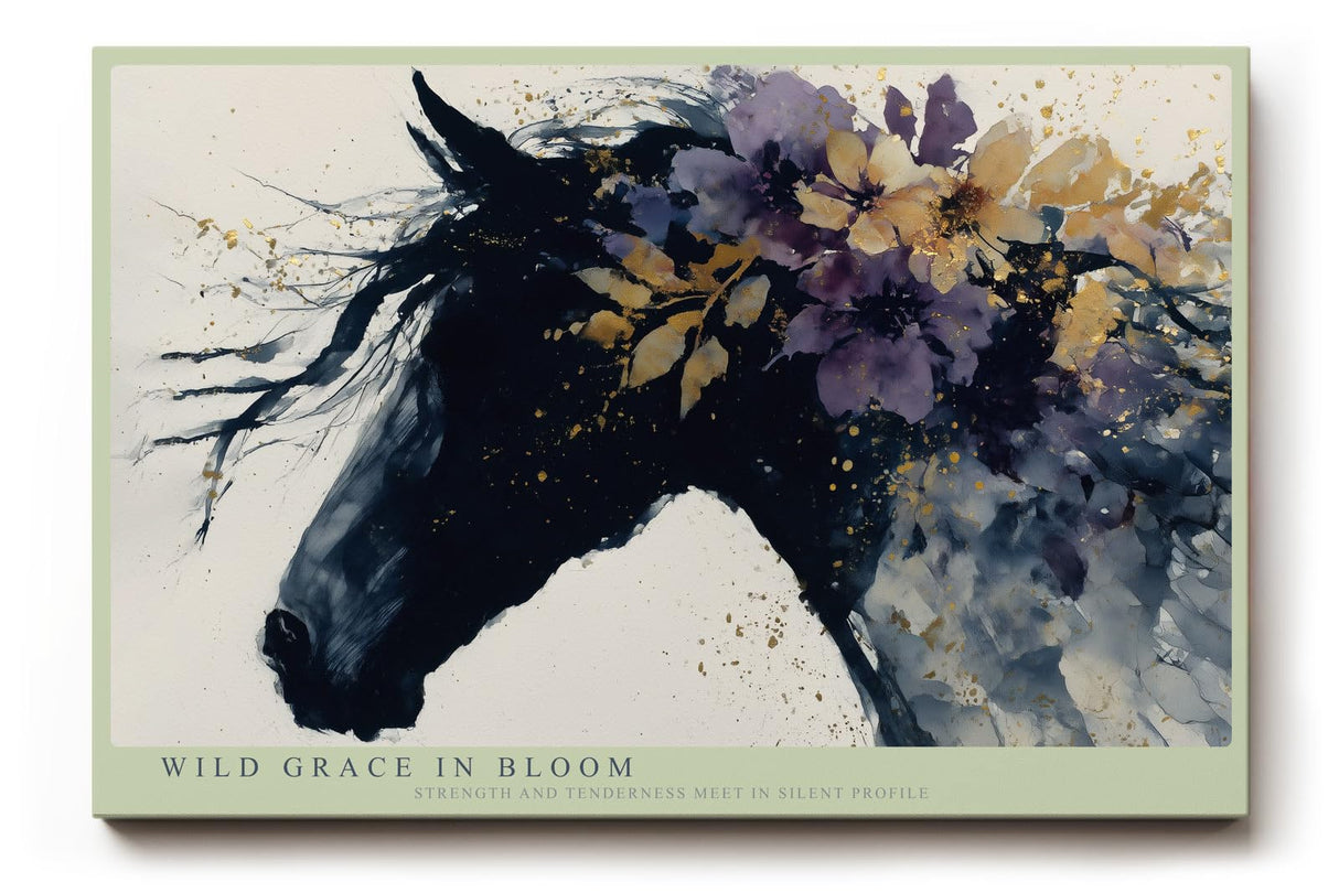 Paul Sinus Wandbild 120x80cm Pferdeportrait mit Blumen Abstrakte Tierkunst in Schwarz Violett und Gold