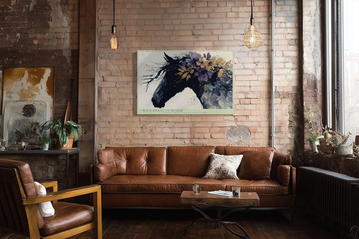 Paul Sinus Wandbild 120x80cm Pferdeportrait mit Blumen Abstrakte Tierkunst in Schwarz Violett und Gold