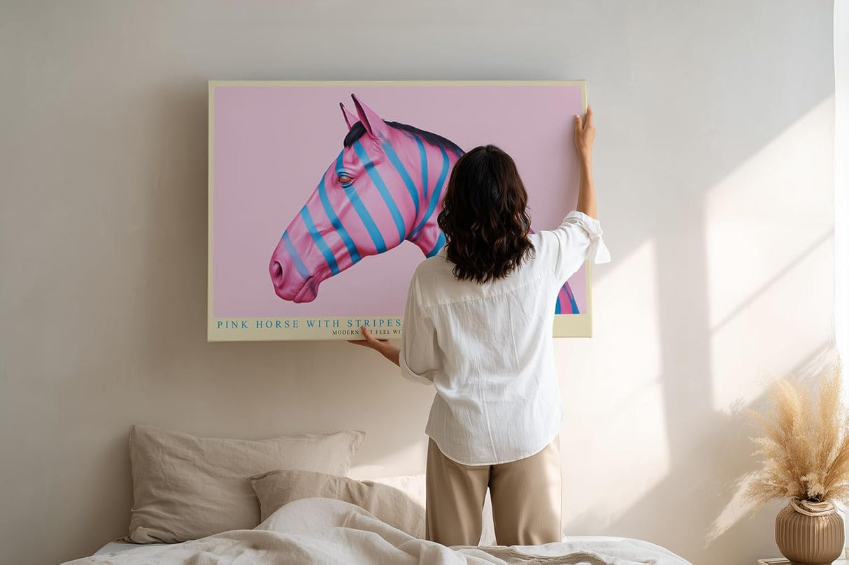 Paul Sinus Wandbild 120x80cm pinkes Pferd moderne Pop Art Tierkunst bunte Streifen Kunstdruck auffaellige Wanddekoration fuer Wohnzimmer Büro Atelier