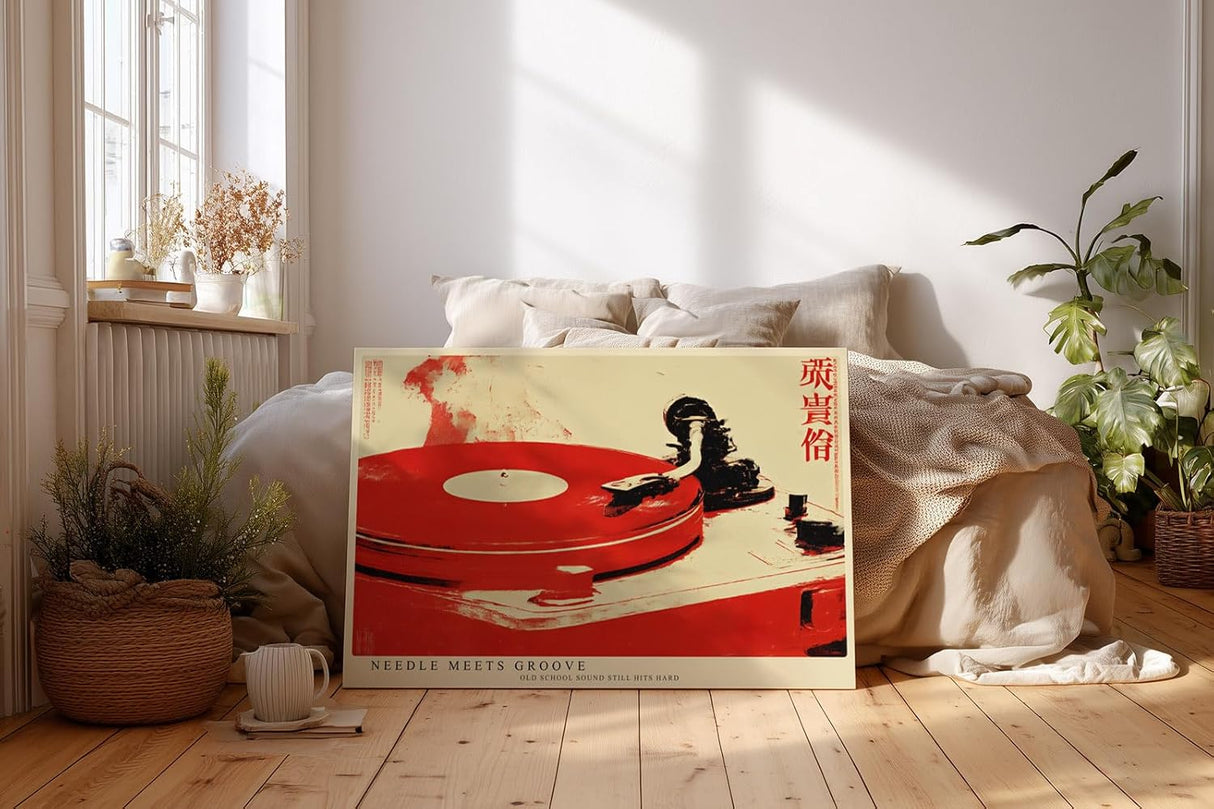 Paul Sinus Wandbild 120x80cm Plattenspieler Vinyl Musik Retro Illustration rot weiss modernes Musik Kunstbild DJ Wanddekoration fuer Wohnzimmer Studio Musikzimmer