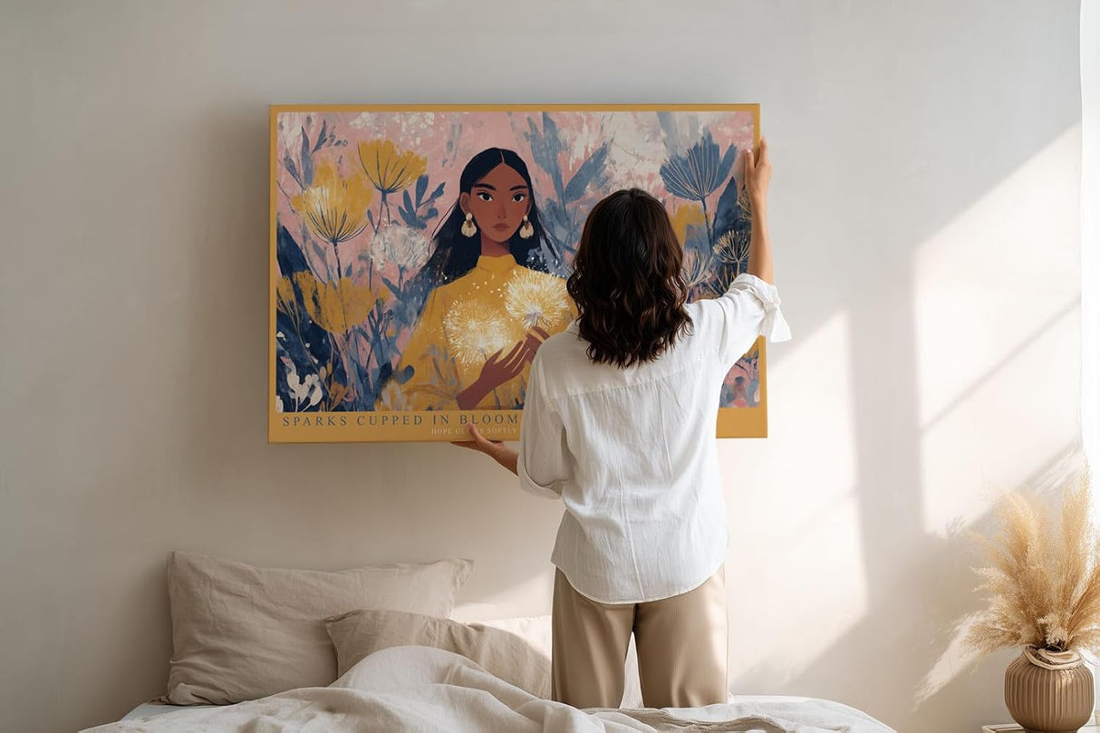 Paul Sinus Wandbild 120x80cm Poetisches Frauenportrait mit Blumen und Licht Moderne Illustration in warmen Naturfarben