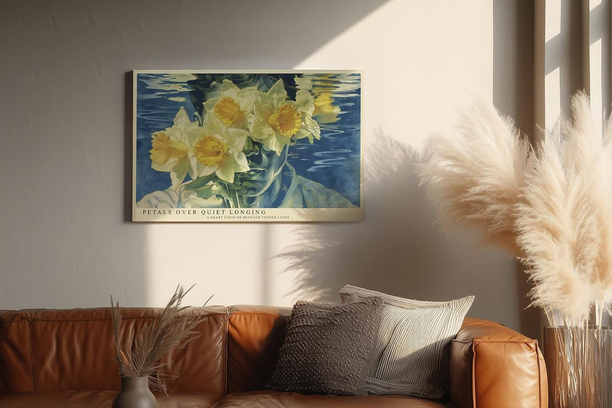 Paul Sinus Wandbild 120x80cm Poetisches Frauenportrait mit Narzissen Surreale Blumenkomposition in Blau und Gelb Modernes Kunstbild