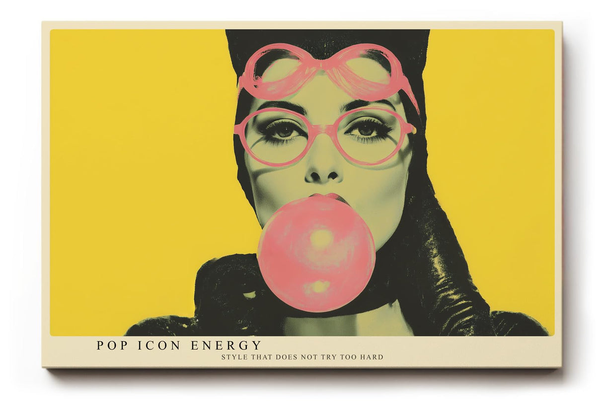 Paul Sinus Wandbild 120x80cm Pop Art Frauenportraet mit Kaugummi moderne Retro Illustration gelbe Hintergrundfarbe stilvolle Wanddekoration fuer Wohnzimmer Büro