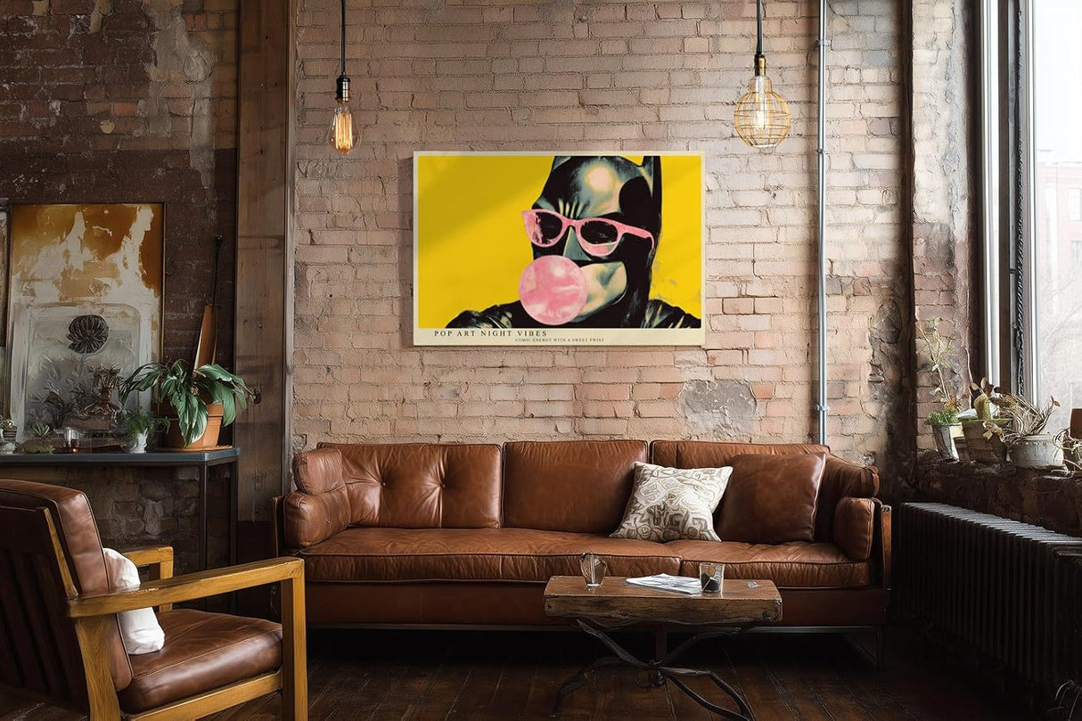 Paul Sinus Wandbild 120x80cm Pop Art Katze mit Sonnenbrille und Kaugummi moderne Comic Illustration buntes Kunstposter auf gelbem Hintergrund für Wohnzimmer Büro Jugendzimmer