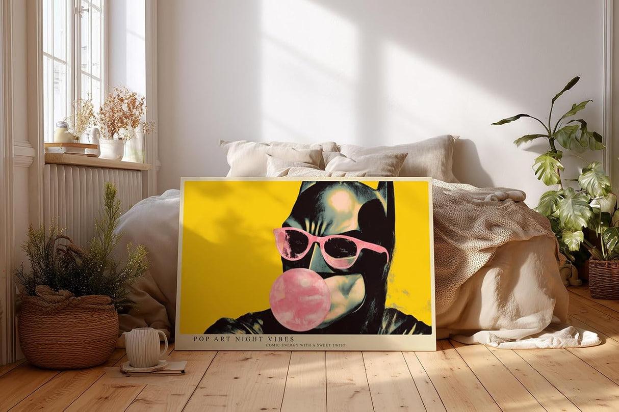 Paul Sinus Wandbild 120x80cm Pop Art Katze mit Sonnenbrille und Kaugummi moderne Comic Illustration buntes Kunstposter auf gelbem Hintergrund für Wohnzimmer Büro Jugendzimmer