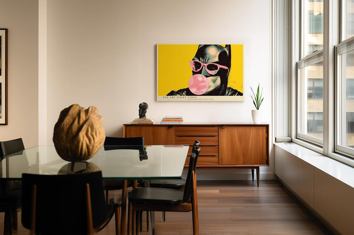Paul Sinus Wandbild 120x80cm Pop Art Katze mit Sonnenbrille und Kaugummi moderne Comic Illustration buntes Kunstposter auf gelbem Hintergrund für Wohnzimmer Büro Jugendzimmer