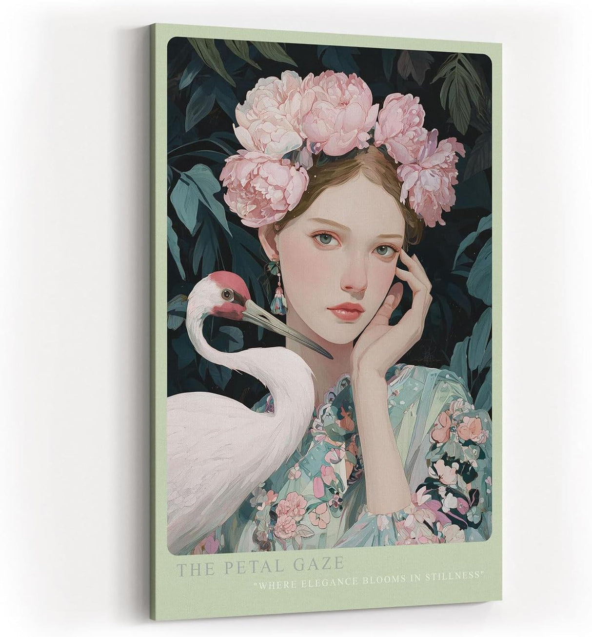 Paul Sinus Wandbild in 40x60cm Porträt einer jungen Frau mit Blumenkrone und Kranich in harmonischer Komposition