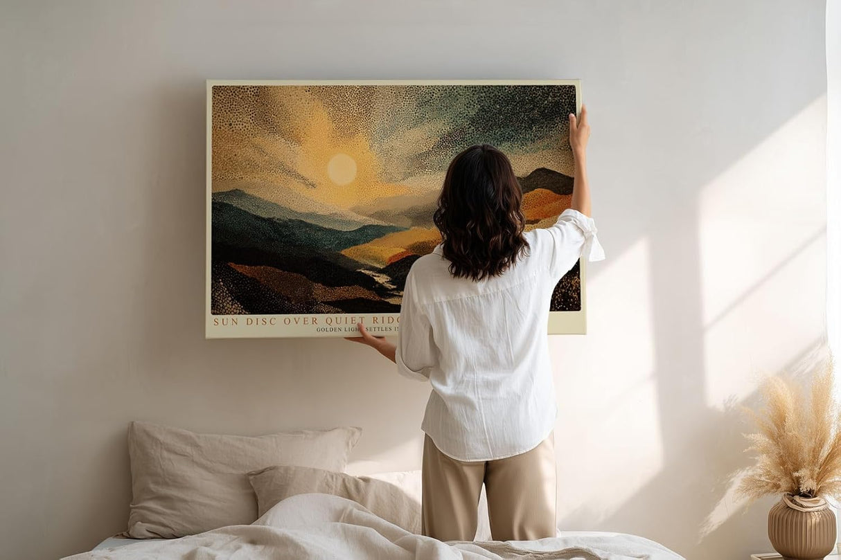 Paul Sinus Wandbild 120x80cm Punktmalerei Landschaft Sonnenuntergang Berge moderne Natur Kunst Wanddekoration Wohnzimmer