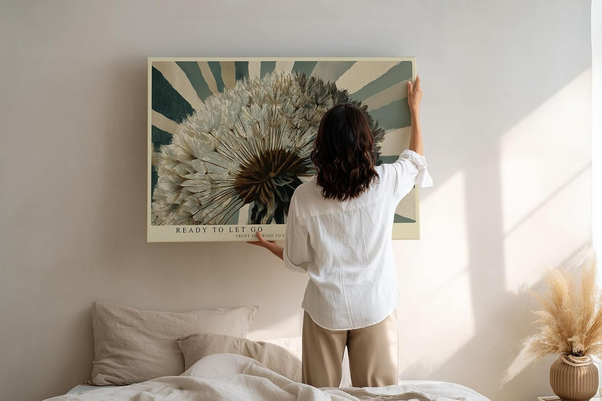Paul Sinus Wandbild 120x80cm Pusteblume modern Naturmotiv beige blau Kunstdruck grosses Wandbild 120x80cm ruhige botanische Wanddekoration fuer Wohnzimmer Büro
