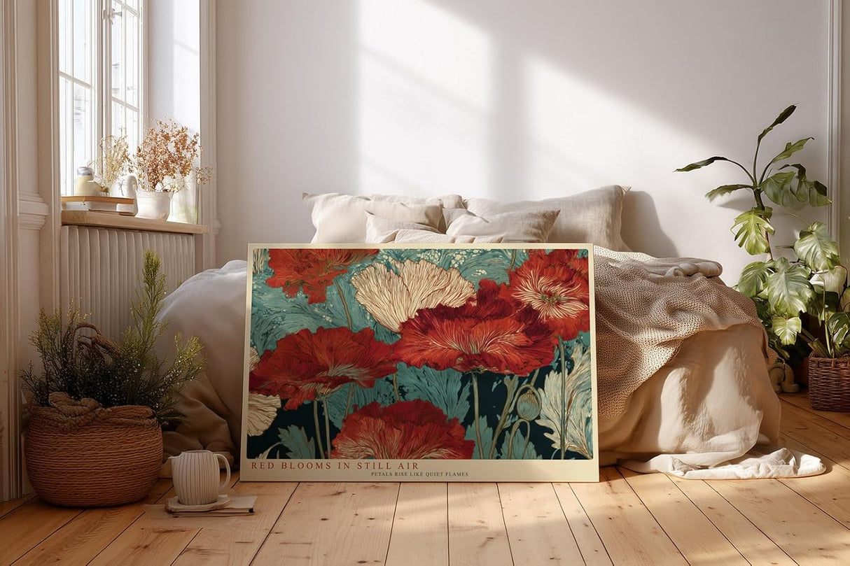 Paul Sinus Wandbild 120x80cm Red Blooms in Still Air elegante rote Blumen Illustration florale Kunst Poster für Wohnzimmer Schlafzimmer Büro