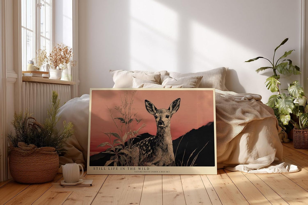 Paul Sinus Wandbild 120x80cm Reh in ruhiger Landschaft – Naturmotiv mit warmem Abendhimmel und stiller Atmosphäre