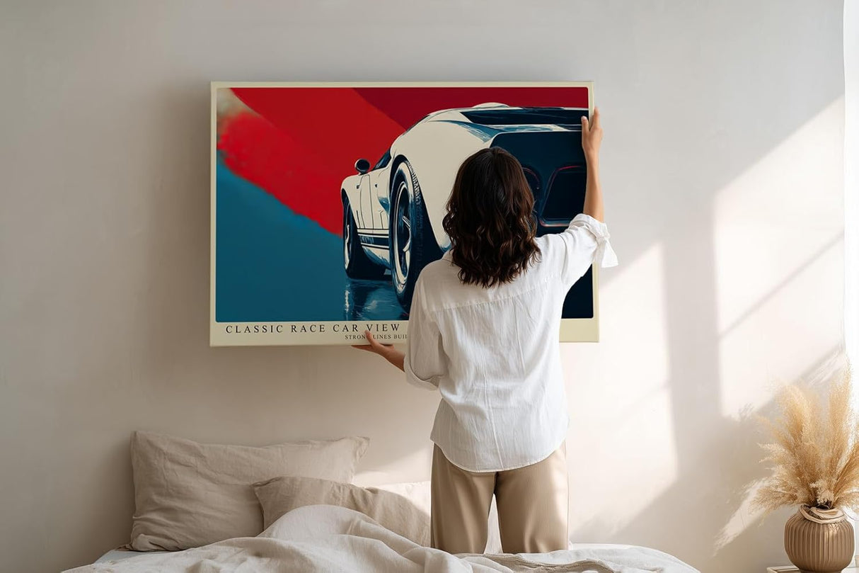 Paul Sinus Wandbild 120x80cm Rennwagen Retro Auto Kunst moderne Illustration dynamische Perspektive Kunstdruck stilvolle Wanddekoration fuer Wohnzimmer Büro Garage
