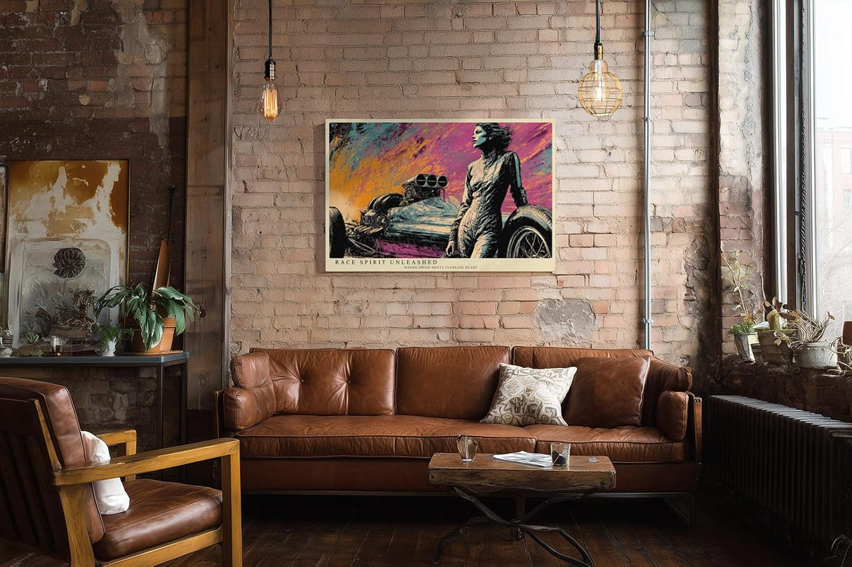 Paul Sinus Wandbild 120x80cm Retro Rennwagen mit Fahrerin Pop Art Illustration bunte Motorsportkunst stilvolle Wanddekoration fuer Wohnzimmer Büro