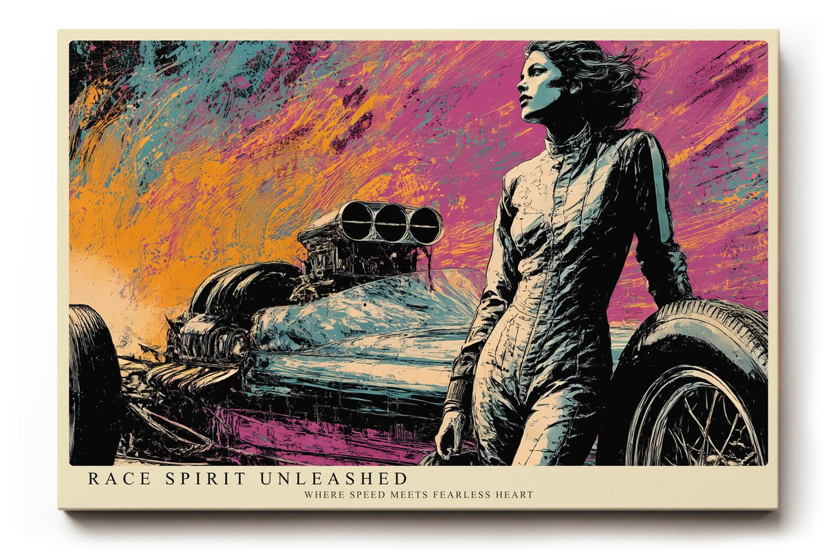 Paul Sinus Wandbild 120x80cm Retro Rennwagen mit Fahrerin Pop Art Illustration bunte Motorsportkunst stilvolle Wanddekoration fuer Wohnzimmer Büro