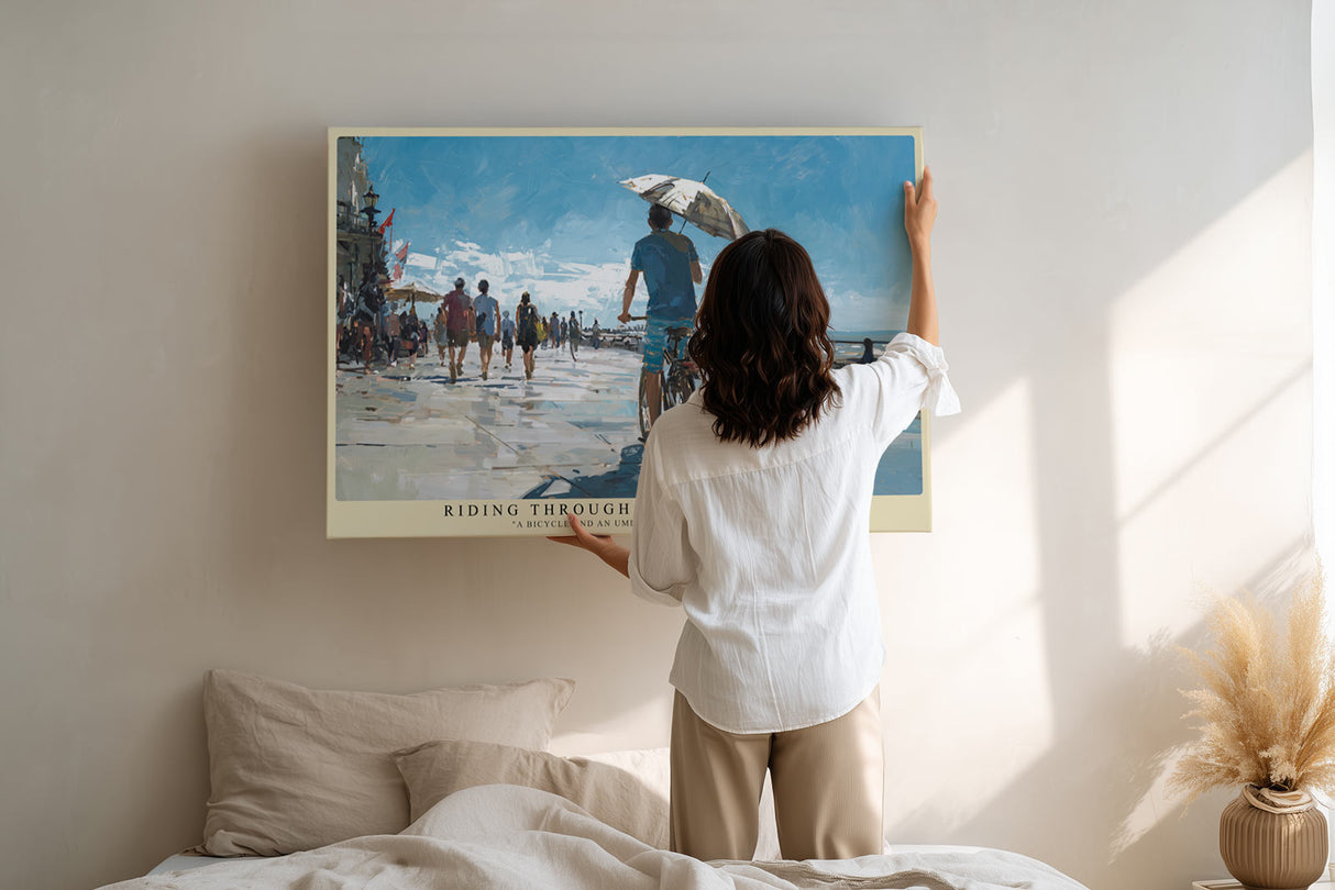 Paul Sinus Wandbild Riding Through Summer Breeze – Radfahrer unter blauem Himmel symbolisiert Freiheit, Lebensfreude und den Moment des Sommers