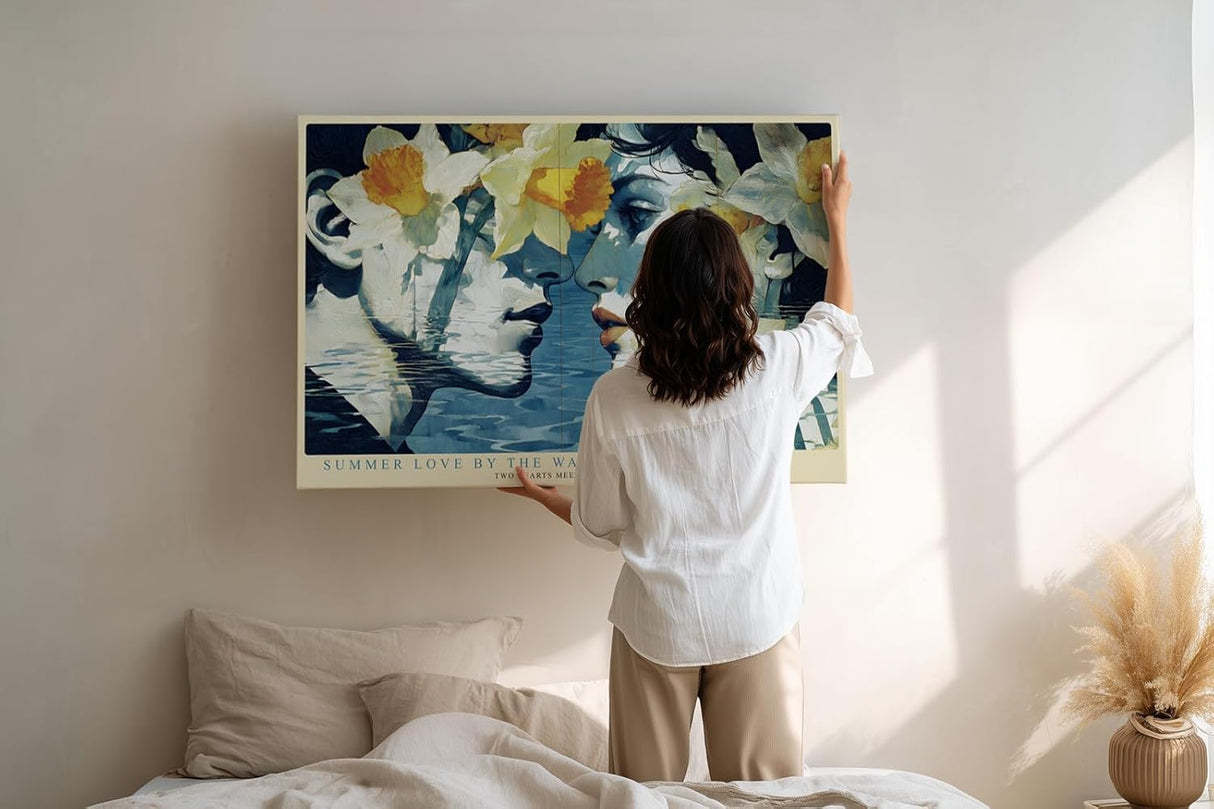 Paul Sinus Wandbild 120x80cm Romantische Frauen Portrait Kunst mit Blumen Moderne Collage in Blau Weiß und Gelb für Wohnzimmer Schlafzimmer Büro