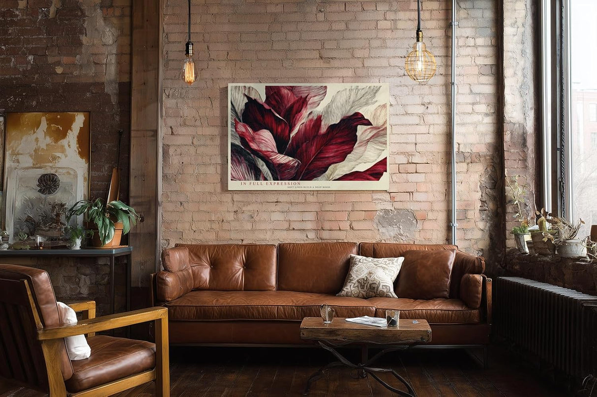 Paul Sinus Wandbild 120x80cm rote Blaetter abstrakte botanische Kunst moderne Pflanzenillustration Leinwand Wanddekoration stilvolle Naturkunst fuer Wohnzimmer
