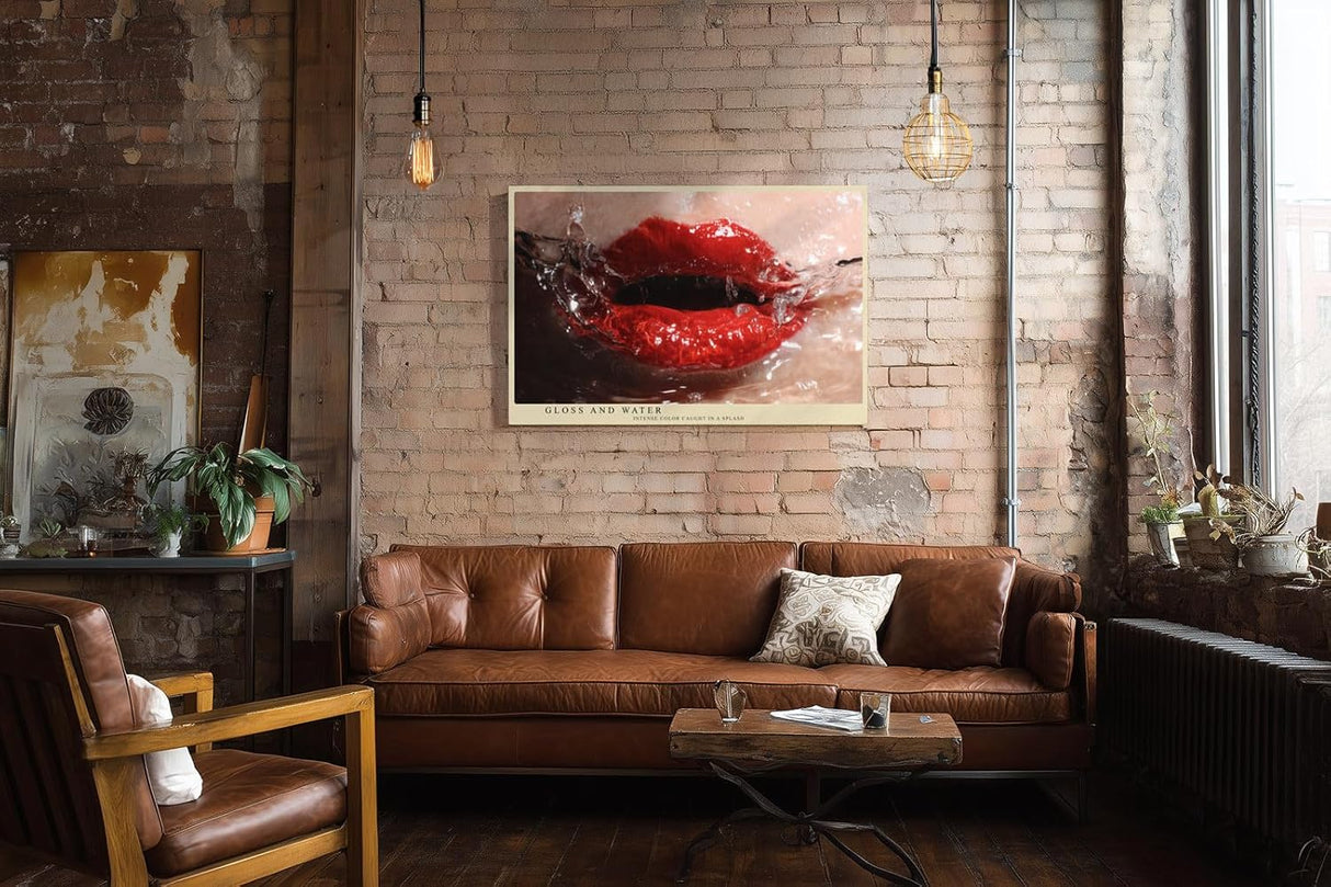 Paul Sinus Wandbild 120x80cm rote Lippen Splash Fotokunst moderner Beauty Style mit Wasser Bewegung glamouröses Kunstbild für Wohnzimmer Studio