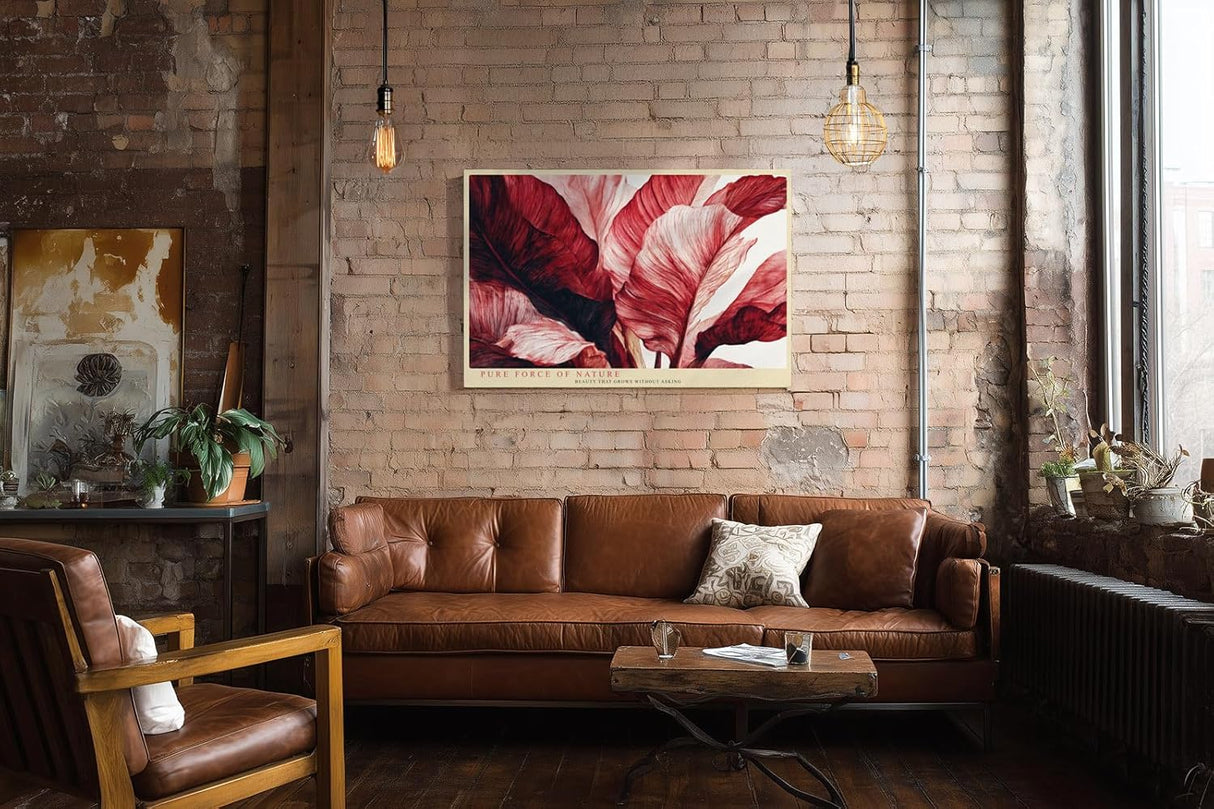 Paul Sinus Wandbild 120x80cm rote tropische Blaetter moderne botanische Kunst abstrakte Pflanzenillustration grosses Kunstbild stilvolle Wanddekoration fuer Wohnzimmer Büro