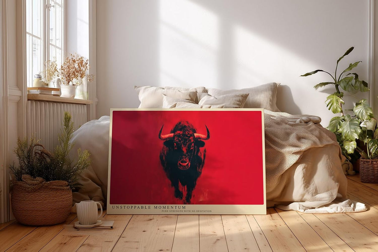 Paul Sinus Wandbild 120x80cm roter Stier moderne Tierkunst kraftvolle Illustration grosses Kunstbild stilvolle Wanddekoration fuer Wohnzimmer Büro Fitnessraum