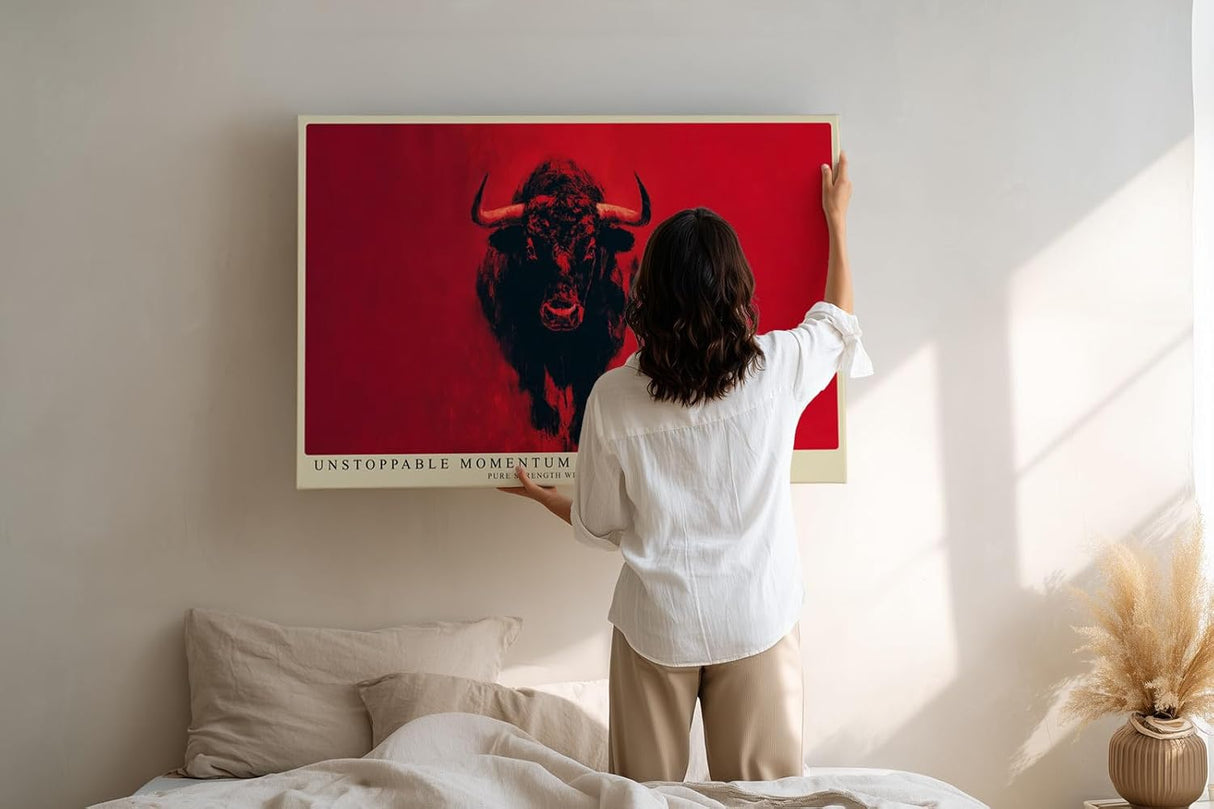 Paul Sinus Wandbild 120x80cm roter Stier moderne Tierkunst kraftvolle Illustration grosses Kunstbild stilvolle Wanddekoration fuer Wohnzimmer Büro Fitnessraum