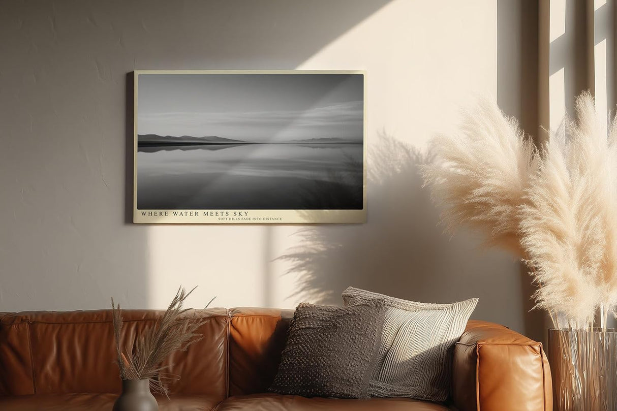 Paul Sinus Wandbild 120x80cm ruhige See Landschaft Schwarz Weiss minimalistische Natur Fotokunst elegantes Kunstposter zeitlose Wanddekoration fuer Wohnzimmer Schlafzimmer Büro Flur
