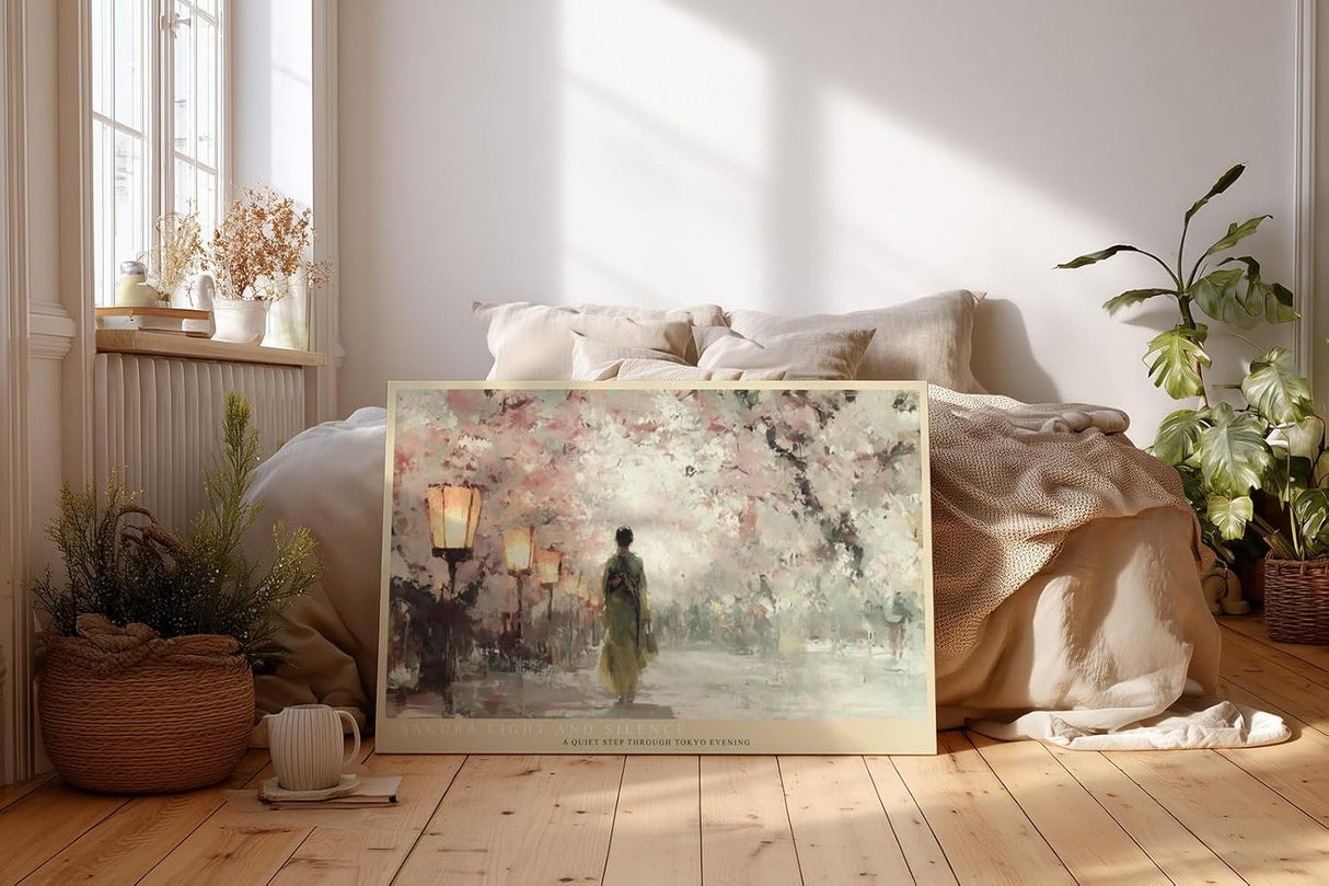 Paul Sinus Wandbild 120x80cm Sakura Abend in Tokio Japanische Kirschblueten Allee mit Laternen Ruhige Asiatische Kunst Wanddekoration
