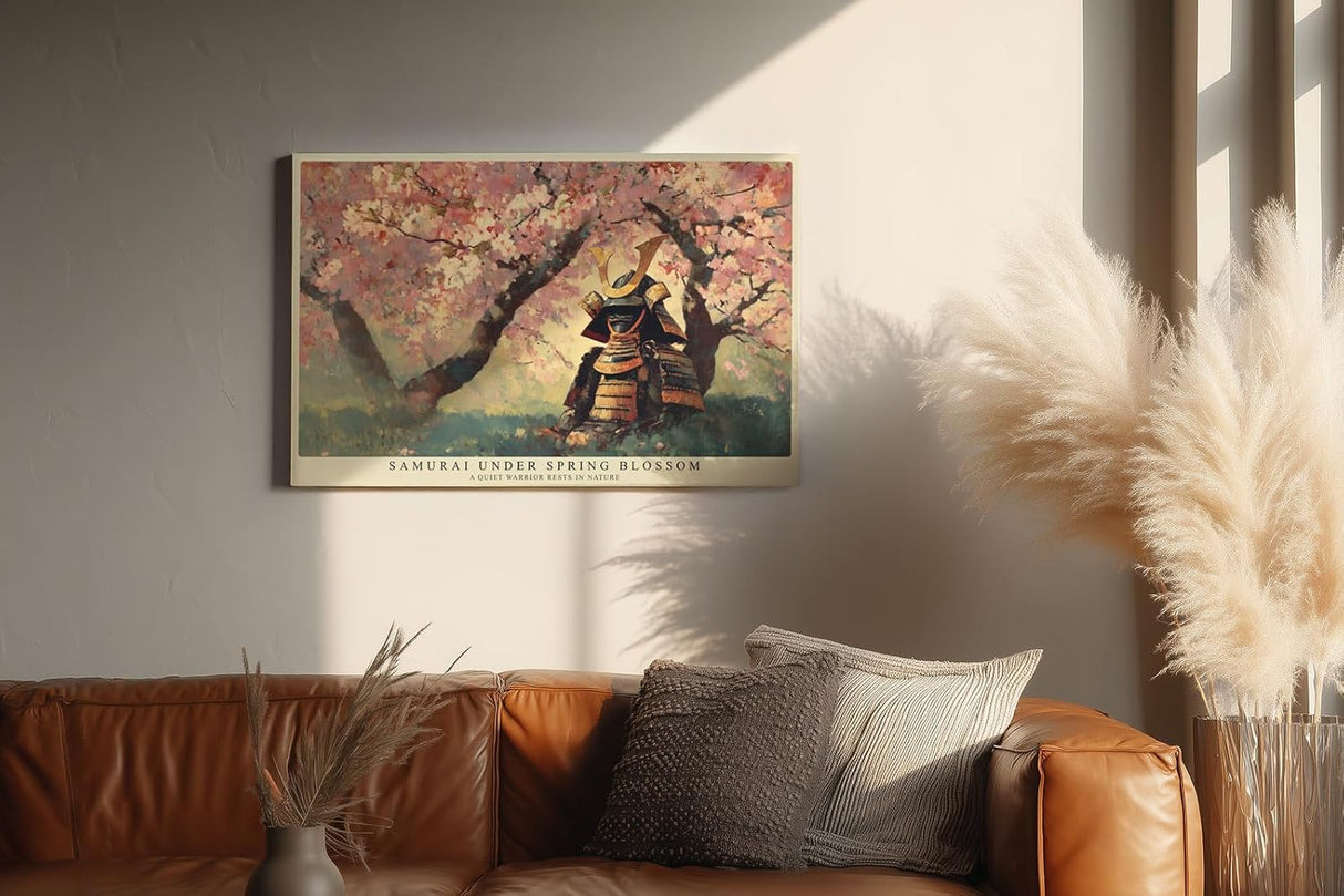 Paul Sinus Wandbild 120x80cm Samurai unter Kirschblüten – Japanische Frühlingsszene mit traditioneller Rüstung und Naturatmosphäre
