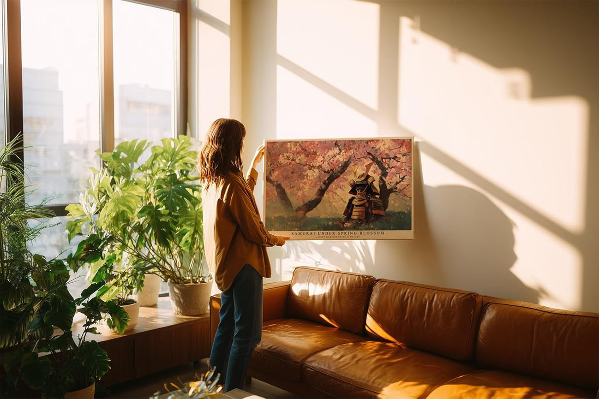 Paul Sinus Wandbild 120x80cm Samurai unter Kirschblüten – Japanische Frühlingsszene mit traditioneller Rüstung und Naturatmosphäre