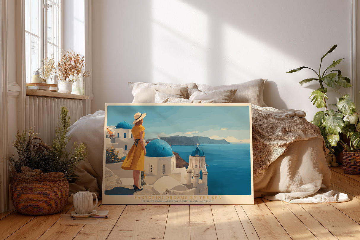 Paul Sinus Wandbild Santorini Dreams by the Sea – Mediterranes Inselmotiv mit Frau im gelben Kleid und Blick über Santorini, Symbol für Freiheit und Leichtigkeit