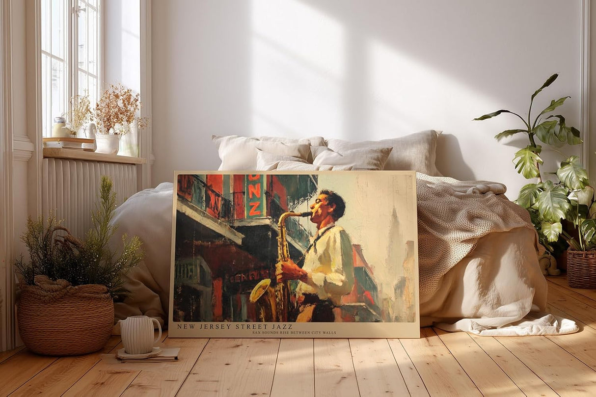 Paul Sinus Wandbild 120x80cm Saxophon Spieler in Stadtstrasse Jazz Musik Kunst Wanddekoration