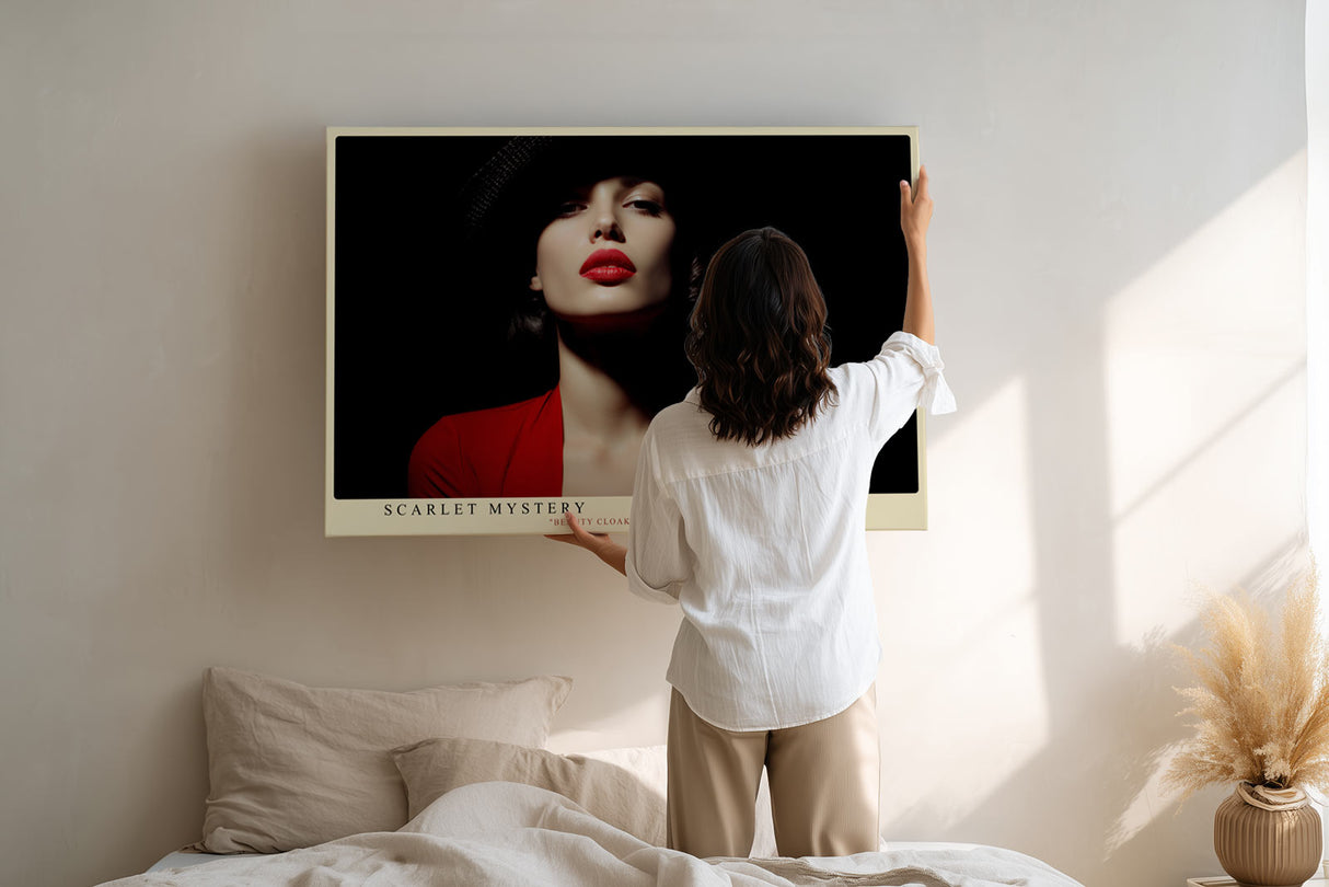Paul Sinus Wandbild Scarlet Mystery sinnliches Porträt einer Frau in Rot mit intensivem Blick und stilvoller Lichtführung für elegante moderne Räume