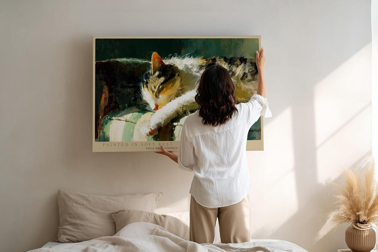 Paul Sinus Wandbild 120x80cm schlafende Katze impressionistische Tiermalerei warmes Licht weiche Pinselstruktur gemuetliche Kunst Wanddekoration fuer Wohnzimmer Büro
