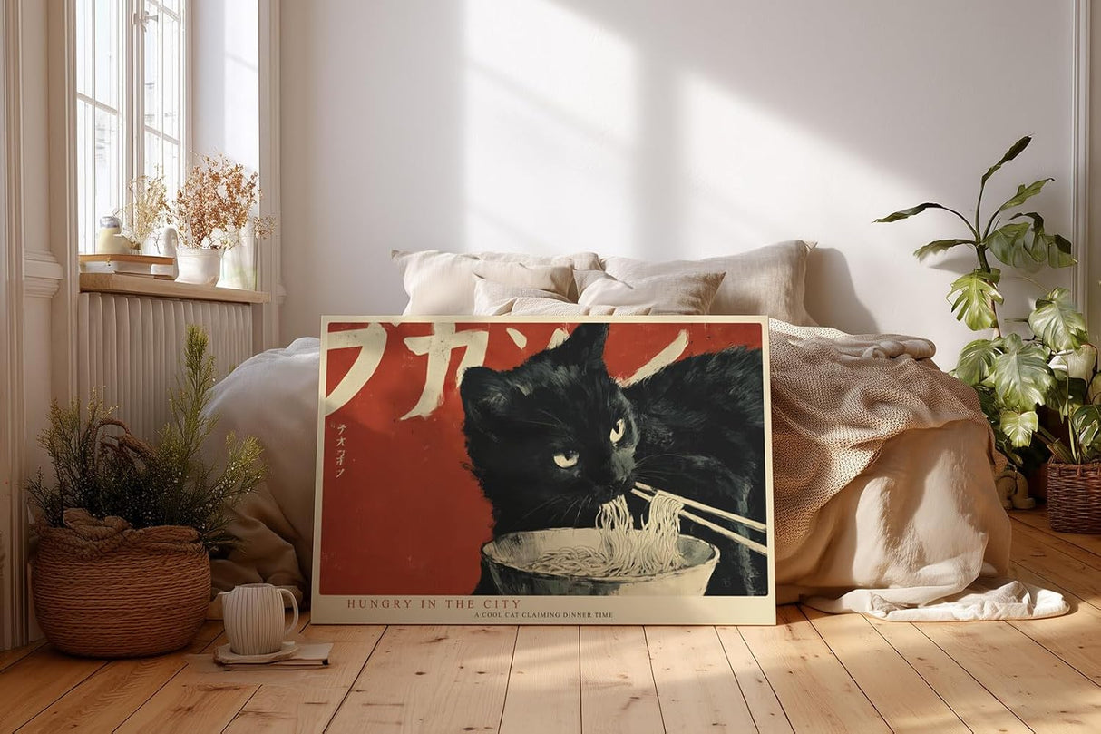 Paul Sinus Wandbild 120x80cm schwarze Katze mit Nudeln japanisches Pop Art Tiermotiv rot schwarz moderne Illustration Wanddekoration fuer Kueche Esszimmer Wohnzimmer