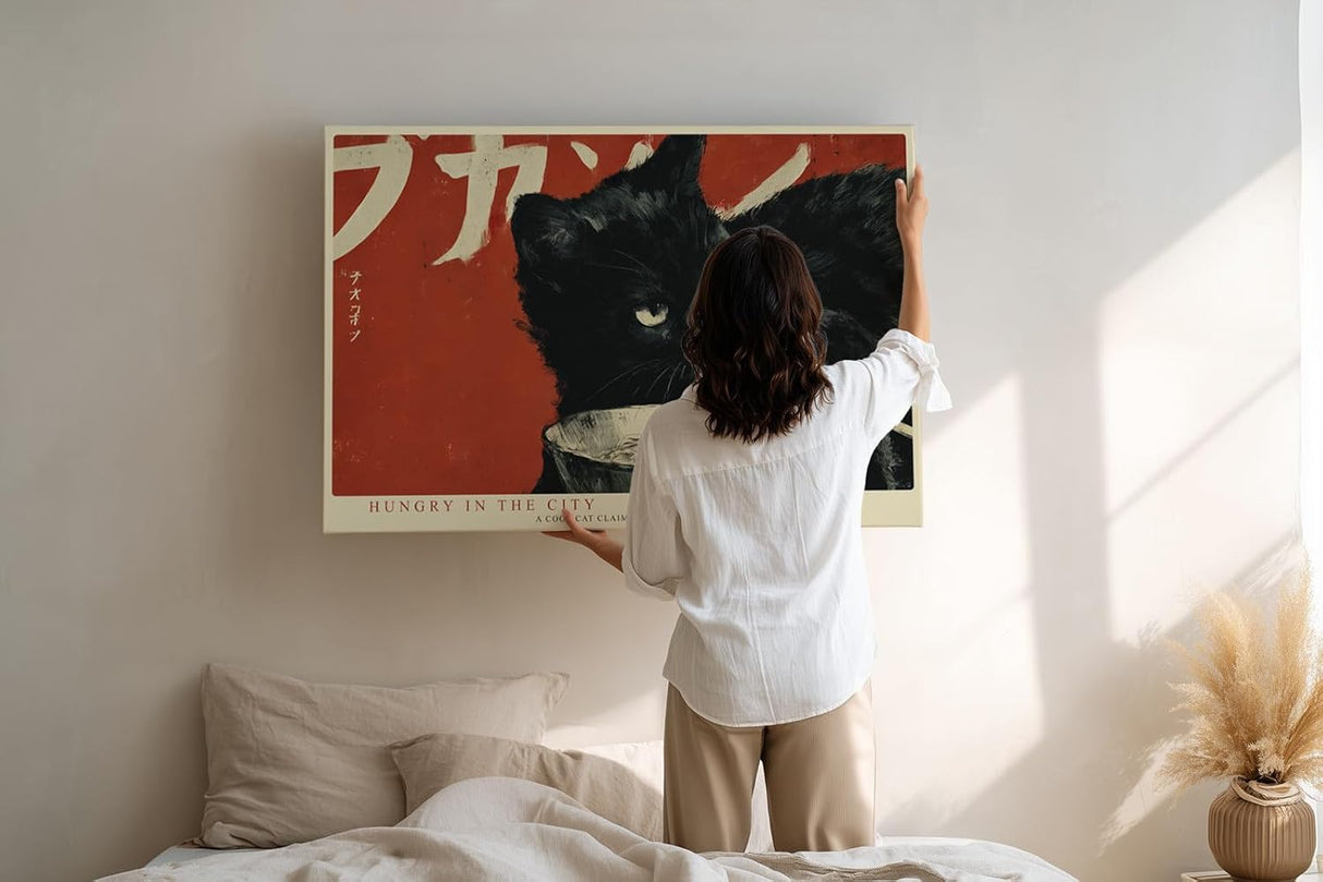 Paul Sinus Wandbild 120x80cm schwarze Katze mit Nudeln japanisches Pop Art Tiermotiv rot schwarz moderne Illustration Wanddekoration fuer Kueche Esszimmer Wohnzimmer