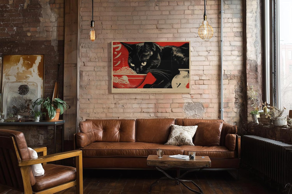 Paul Sinus Wandbild 120x80cm schwarze Katze mit Ramen Schale japanische Pop Art Illustration rot schwarz modernes Tiermotiv Wanddekoration fuer Kueche Esszimmer Wohnzimmer