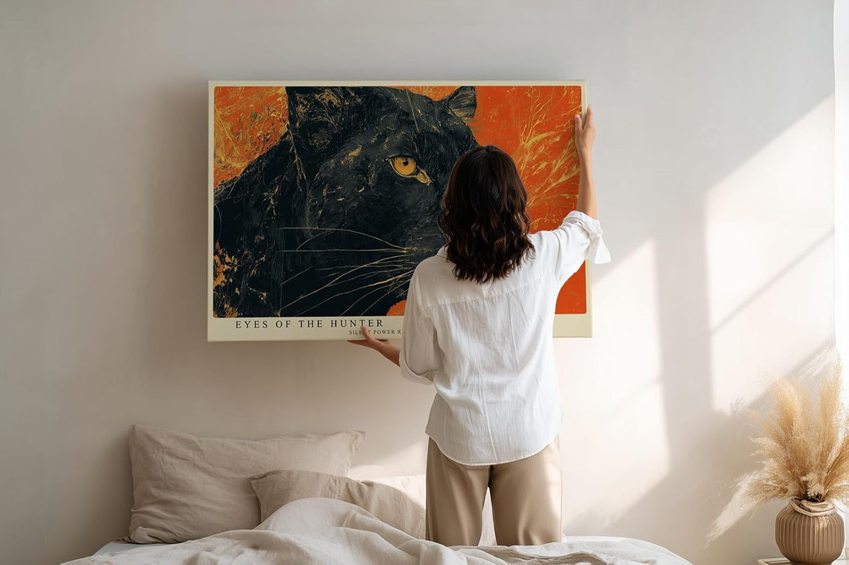 Paul Sinus Wandbild 120x80cm schwarzer Panther Tierportrait wilde Katze orange Hintergrund moderne Tierkunst Wanddekoration fuer Wohnzimmer Büro
