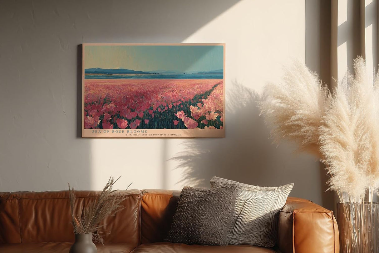 Paul Sinus Wandbild 120x80cm Sea of Rose Blooms rosa Blumenfeld Landschaft moderne Natur Kunst Poster für Wohnzimmer Schlafzimmer Büro