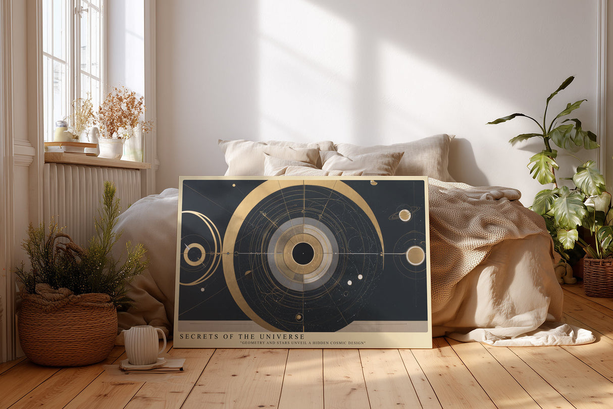 Paul Sinus Wandbild Secrets of the Universe Abstraktes Kunstwerk in Gold und Dunkelblau, das kosmische Geometrie und Planetenbewegungen vereint.