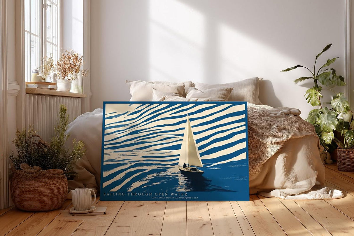 Paul Sinus Wandbild 120x80cm Segelboot Illustration modernes Meer Motiv blau beige minimalistische Ozean Kunst Segelyacht Bild stilvolle