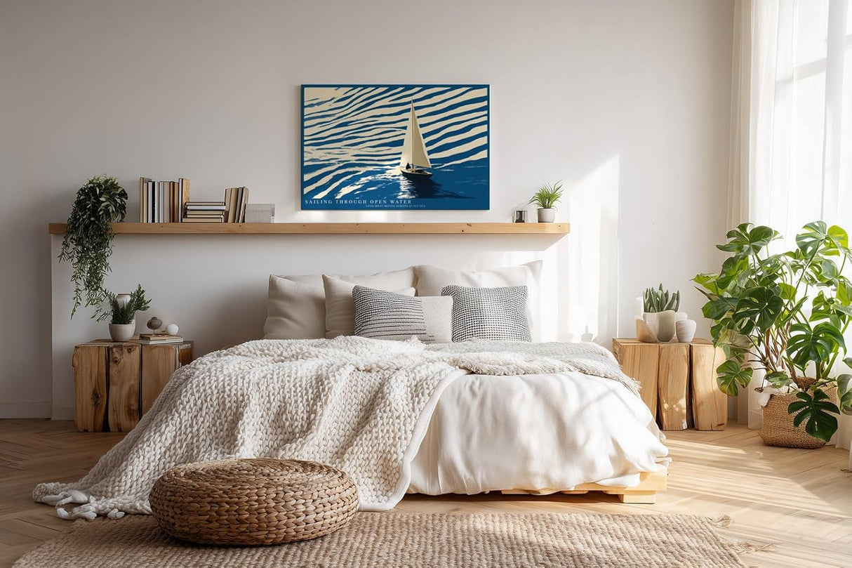 Paul Sinus Wandbild 120x80cm Segelboot Illustration modernes Meer Motiv blau beige minimalistische Ozean Kunst Segelyacht Bild stilvolle
